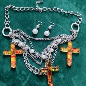 3/$30 SET Silver Tone Multi Chains Orange Large Cross Accents Necklace + Earring